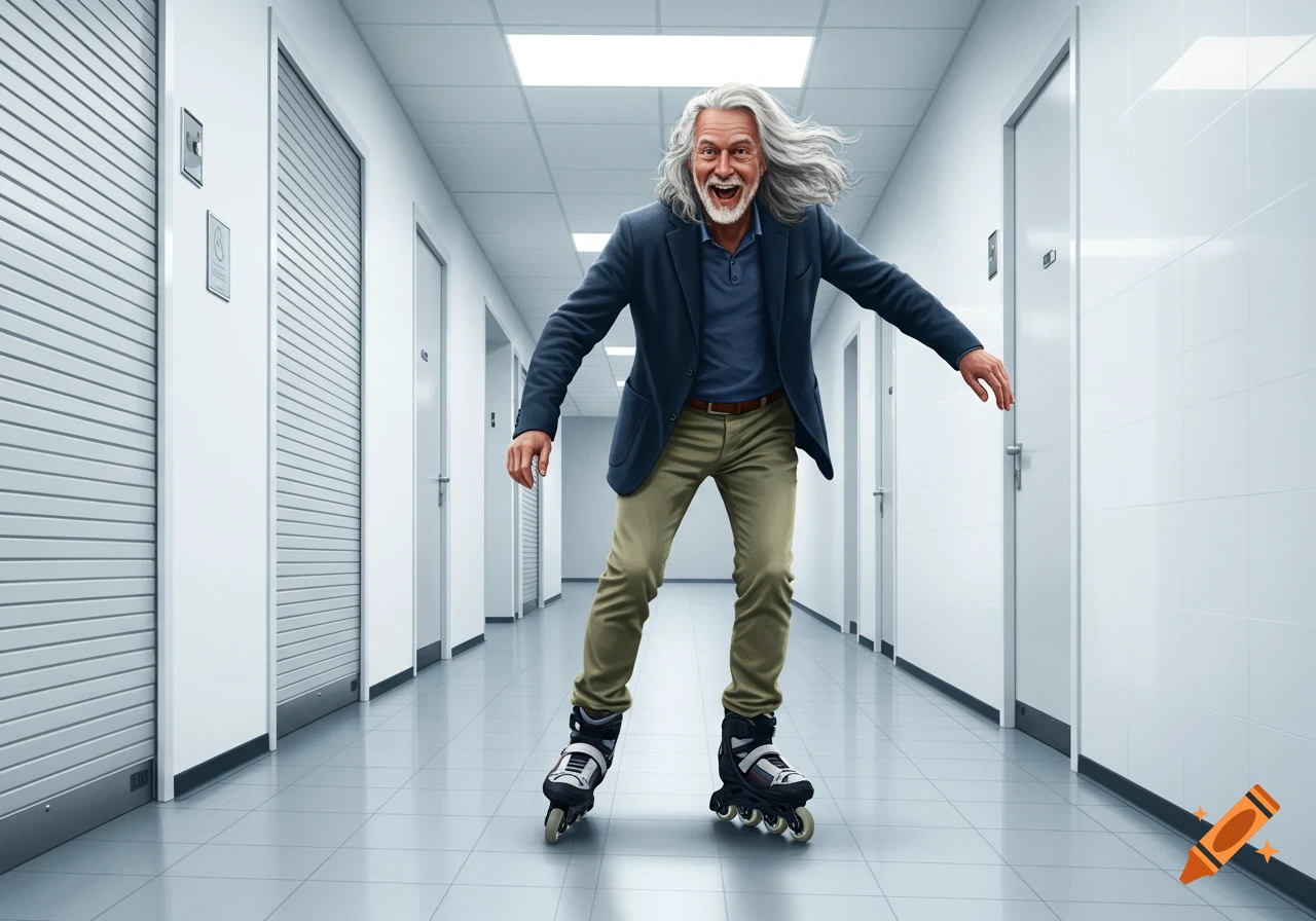 A cheerful older man with long gray hair rollerblades down a brightly lit office hallway.