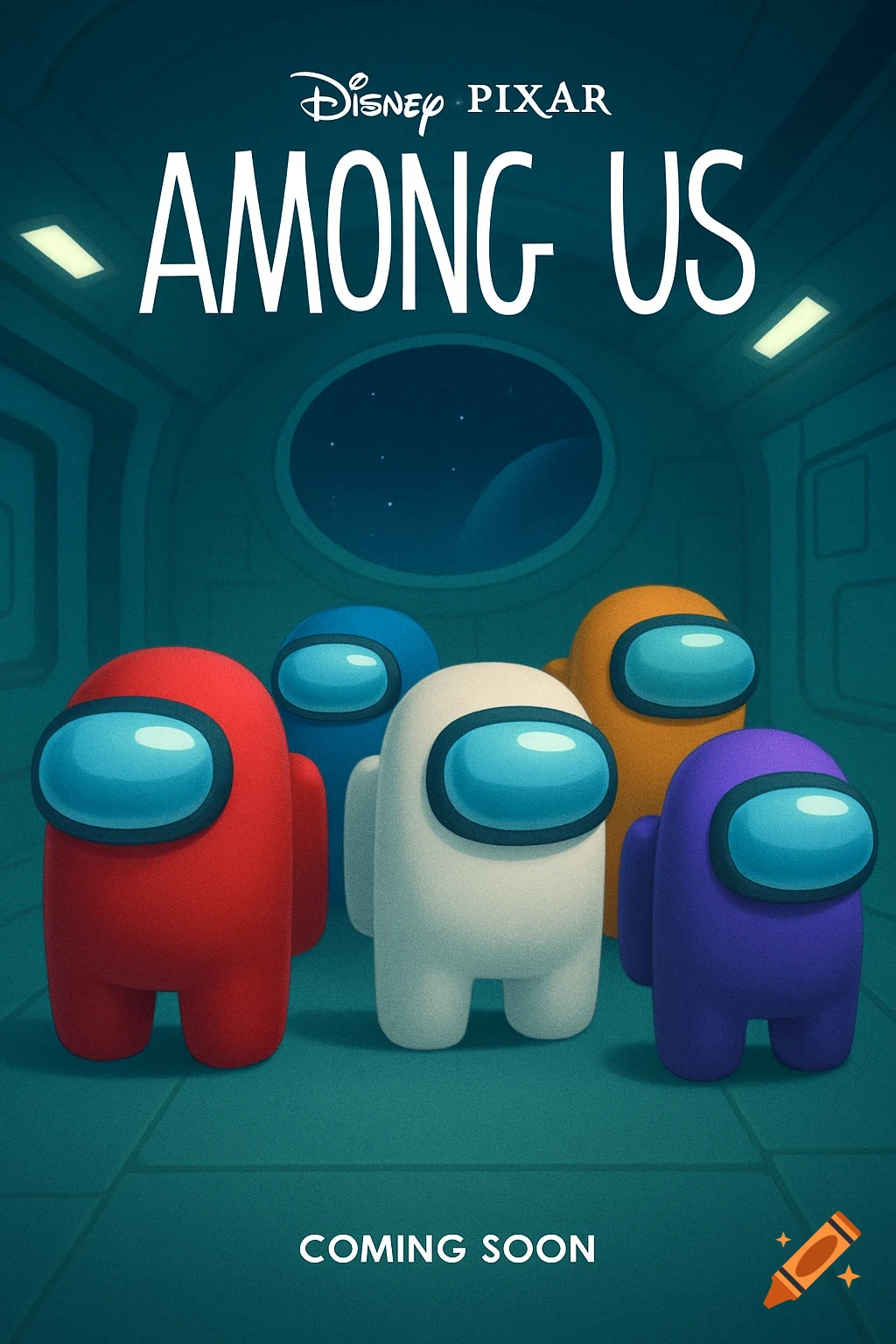 A colorful Disney Pixar poster for Among Us, showing five crewmate characters inside a spaceship. Text reads 'Disney PIXAR AMONG US' and 'COMING SOON'.