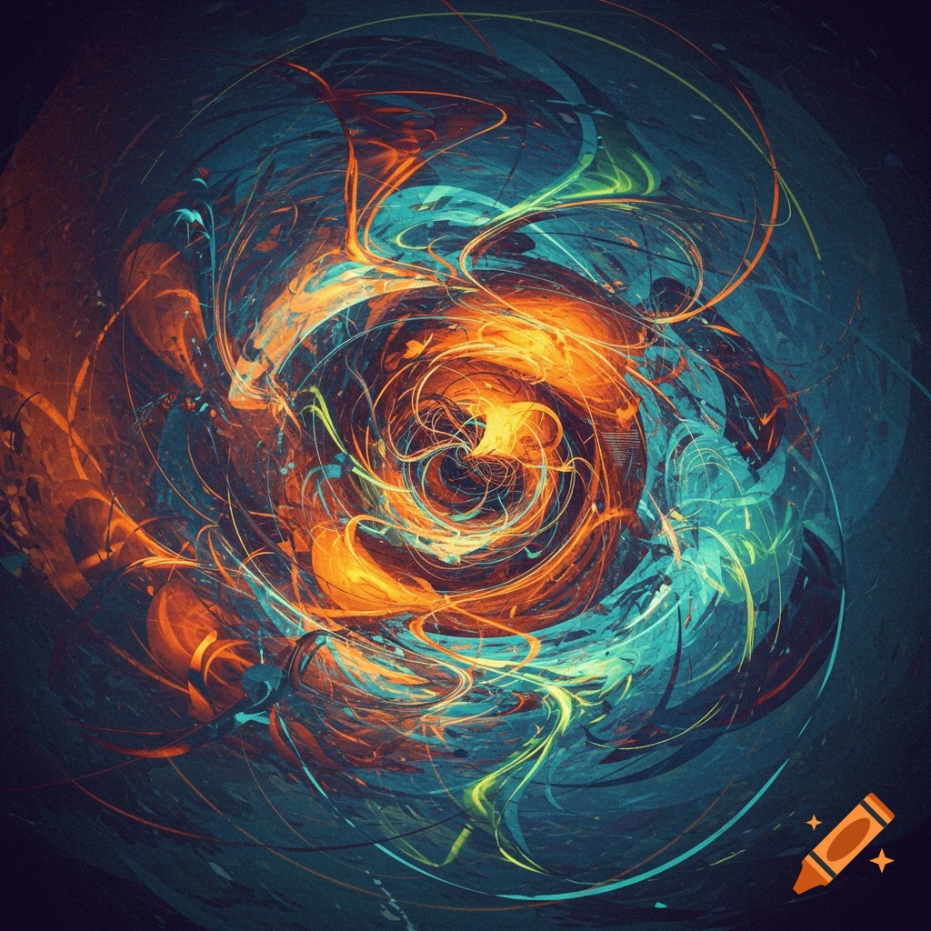 An abstract swirl of vibrant orange and teal colors, with thin lines radiating from a central point against a dark, textured background.