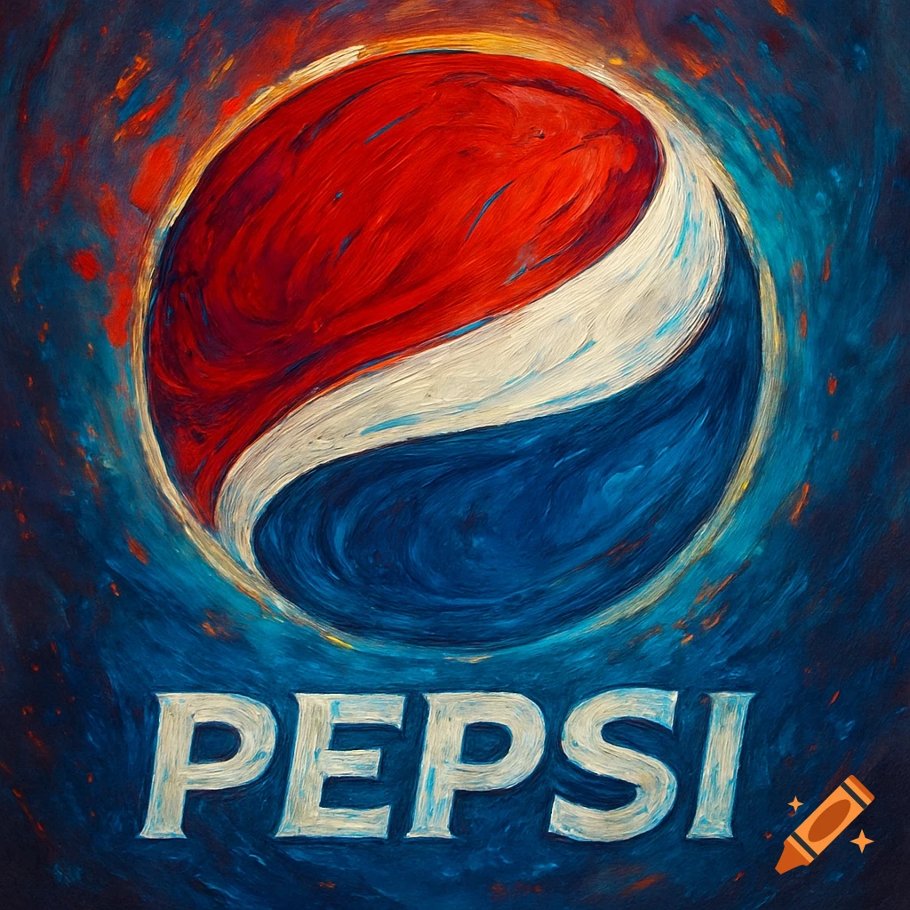 A vibrant, textured painting of the Pepsi logo with the word 'PEPSI' below it, in a red, white, and blue color scheme.