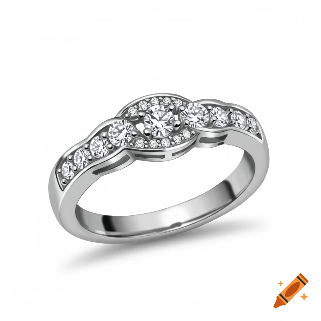 A silver wedding band with multiple sparkling diamonds in a fishtail design, on a white background.