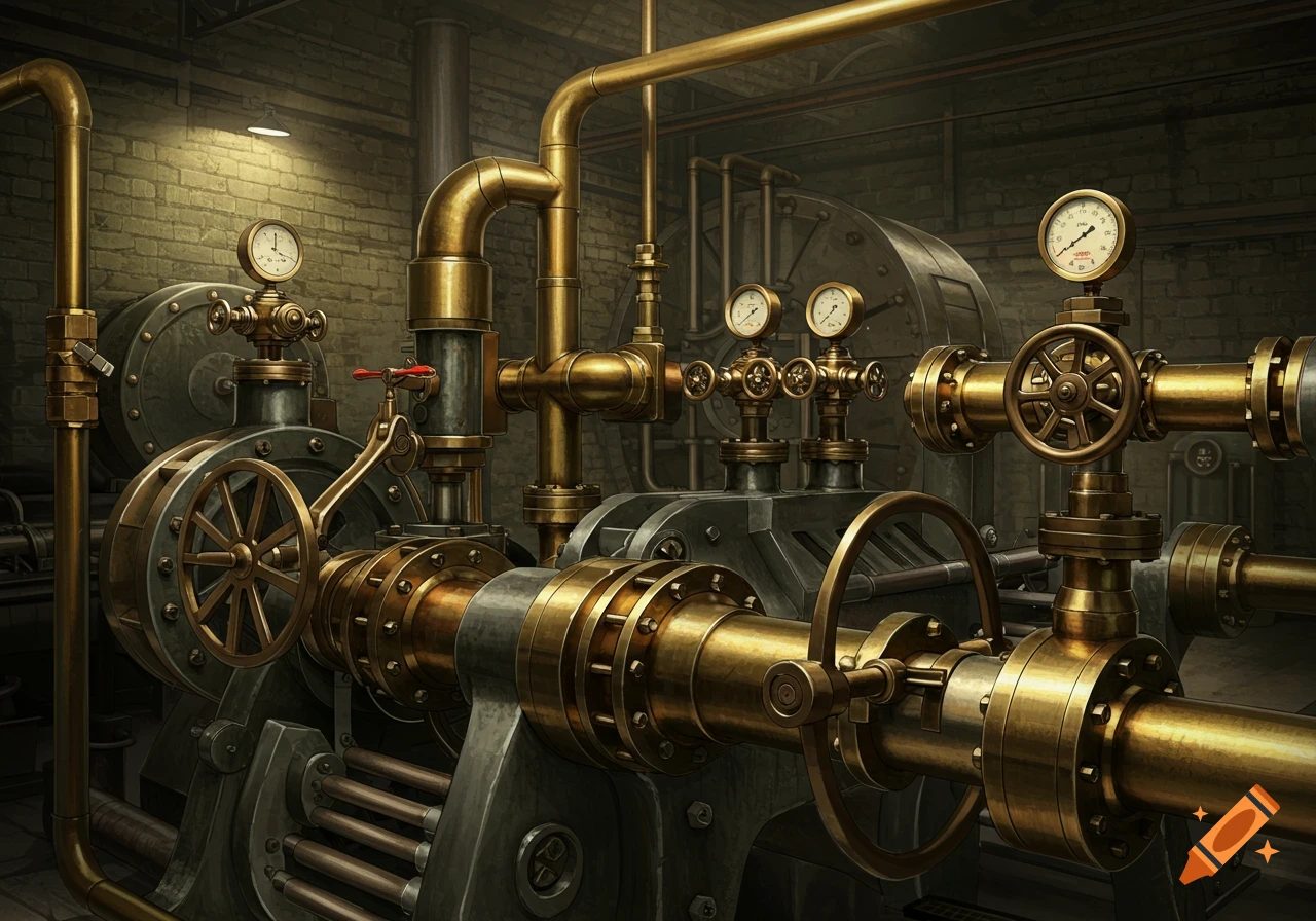 A detailed steampunk-style industrial machine with brass pipes, valves, gears, and pressure gauges in a dimly lit factory.