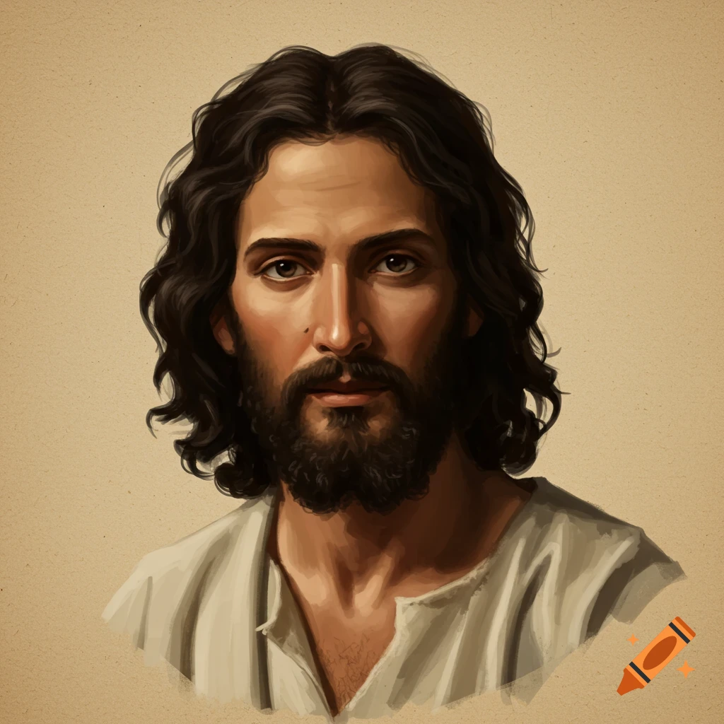 Bust portrait of a man with long dark hair, beard, and olive skin, resembling Jesus, in a painterly style.