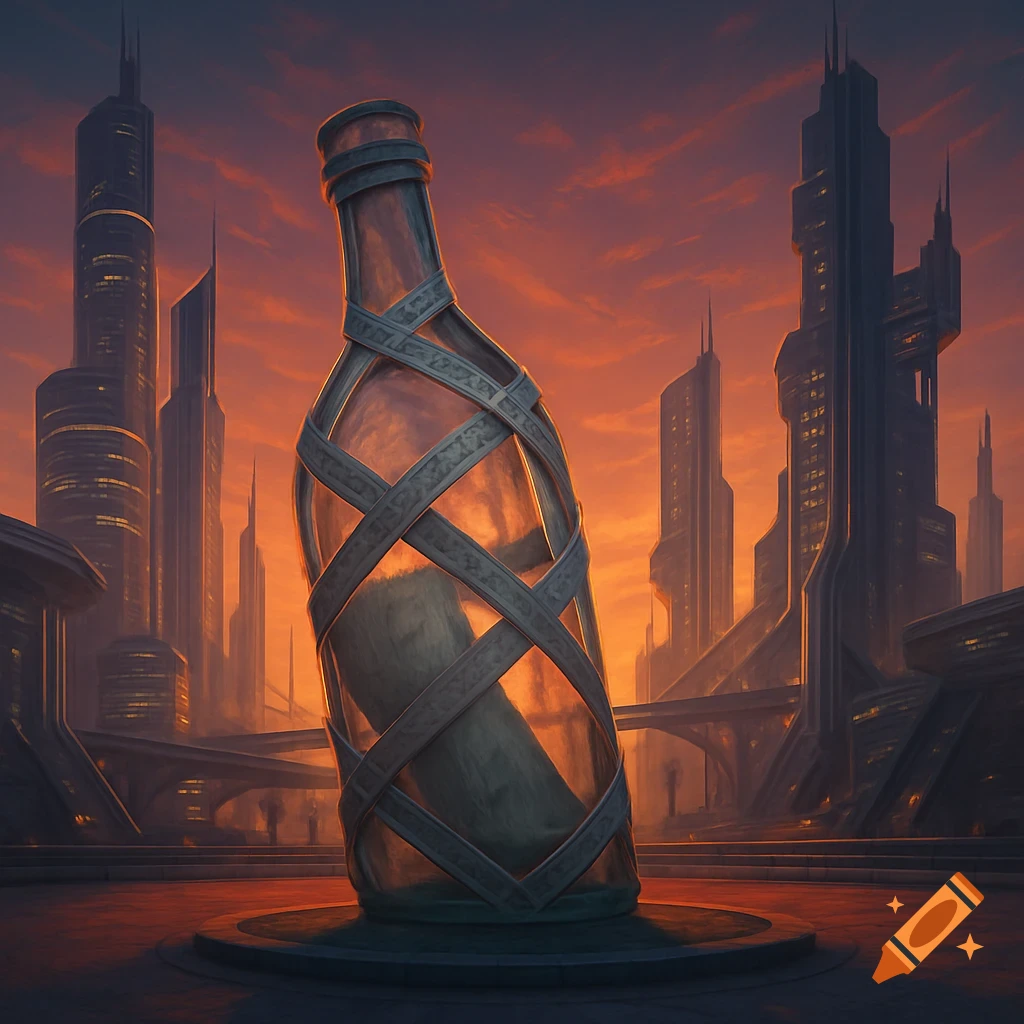 A large, clear bottle with a rolled-up message inside, wrapped with decorative bands, stands on a platform in a futuristic city at sunset.