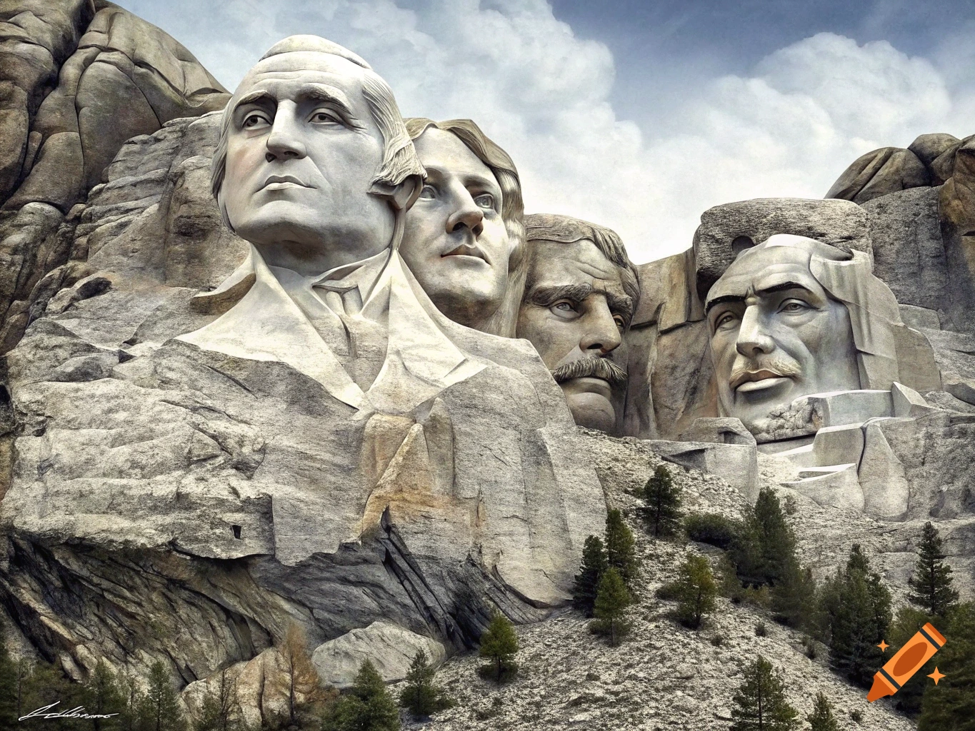 Photorealistic image of the Mount Rushmore National Memorial, featuring the carved faces of four U.S. Presidents on a mountain.