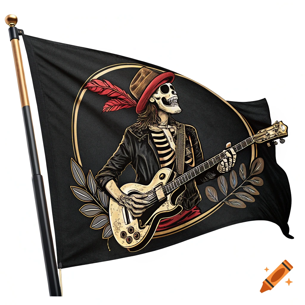 A Stylized Skeleton In A Hat And Leather Jacket Plays A Guitar On A a-stylized-skeleton-in-a-hat-and-leather-jacket-plays-a-guitar-on-a