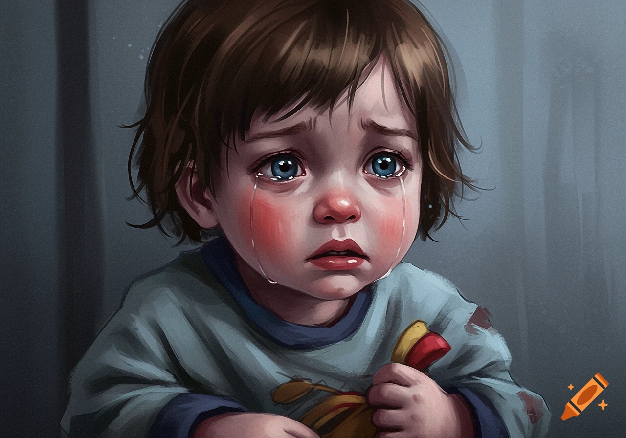 A close-up digital illustration of a young child with brown hair crying, with tears running down their red cheeks. They hold a crumpled yellow and red object and look sad.