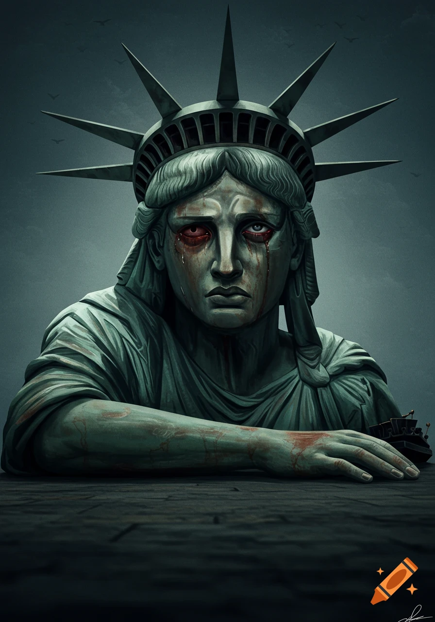 A somber Statue of Liberty bust with red tears and stains on her face and arm, against a dark, moody sky.