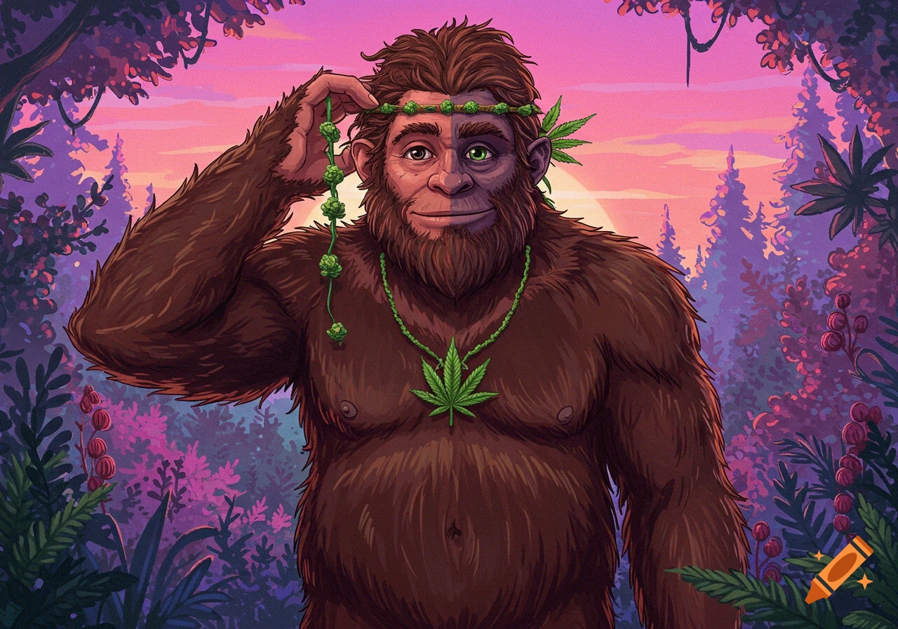 Cartoon Bigfoot with a cannabis leaf necklace and a wreath of cannabis buds in a colorful jungle at sunset.