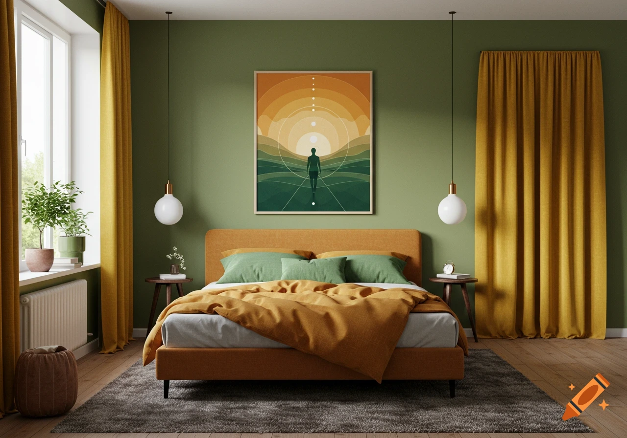 A serene bedroom with olive green walls, mustard yellow bedspread and curtains, and a minimalist artwork above the bed.