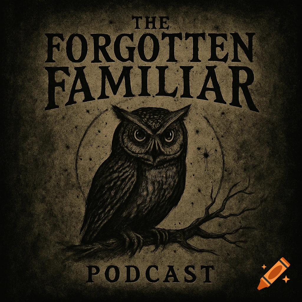 A dark, gothic-style podcast logo featuring an owl perched on a branch against a moonlit, starry background, with the title 'The Forgotten Familiar Podcast'.