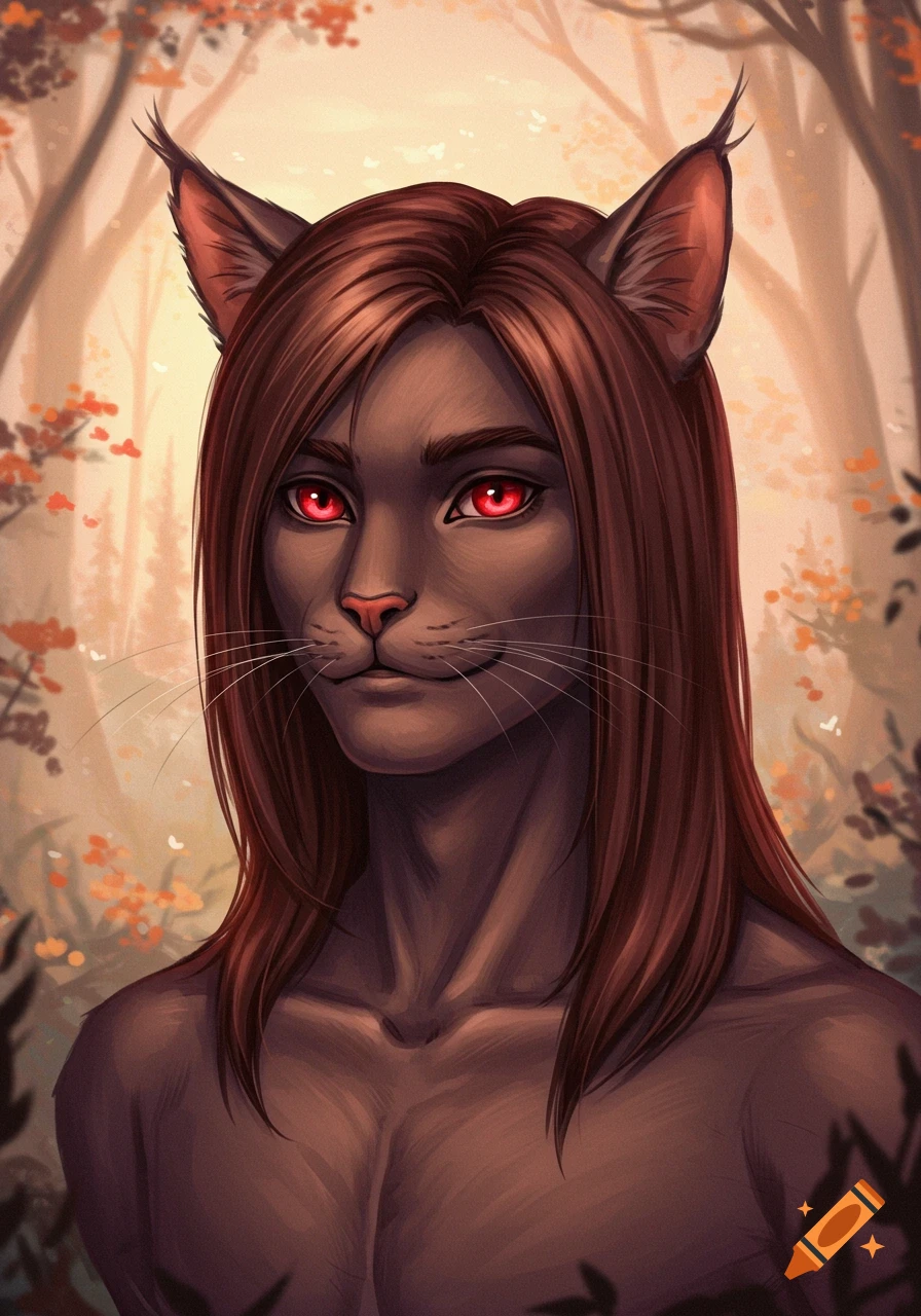 A portrait of a dark-furred, long-haired cat-like man with bright red eyes in a forest.