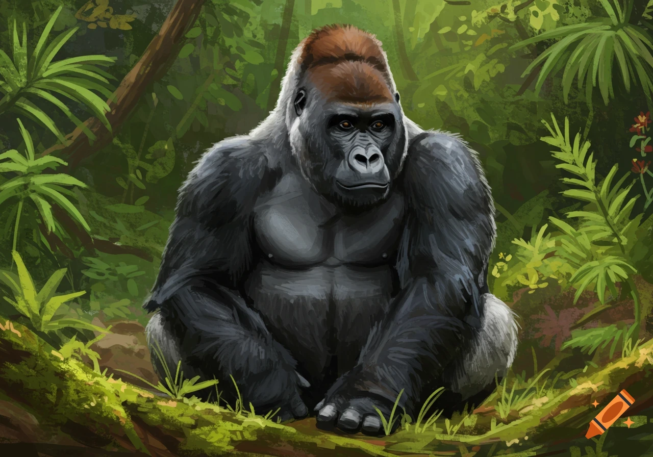 A large silverback gorilla sits in a lush green jungle, rendered in a detailed digital painting style.