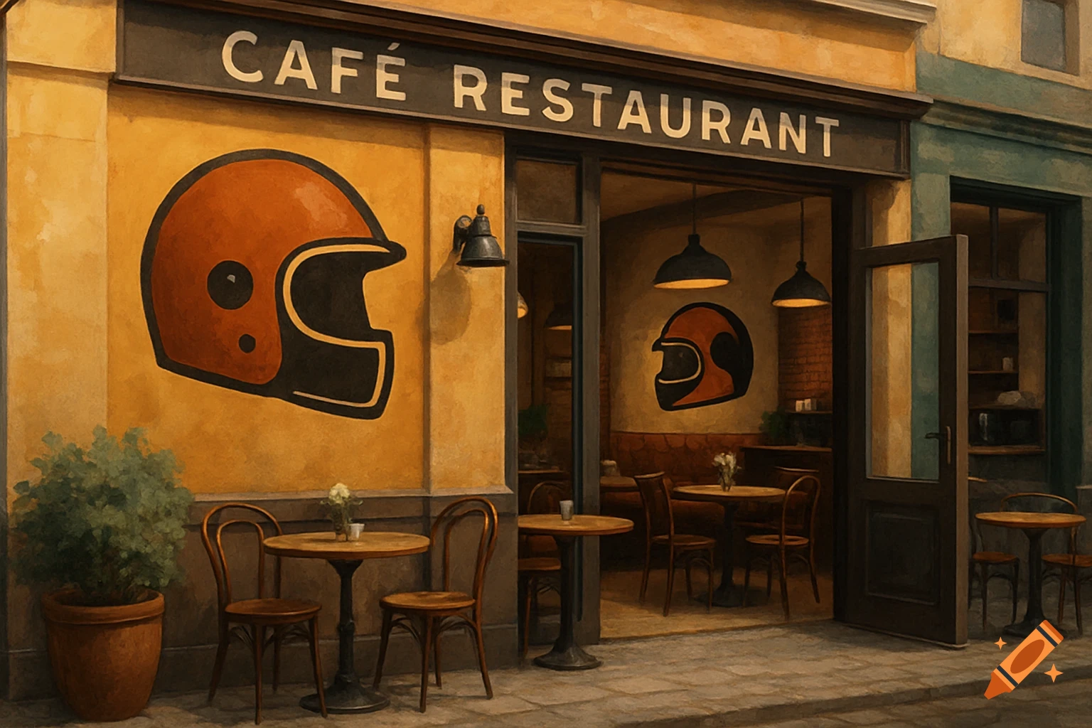Painterly exterior of a cafe restaurant with a large orange motorcycle helmet logo on the facade and inside.