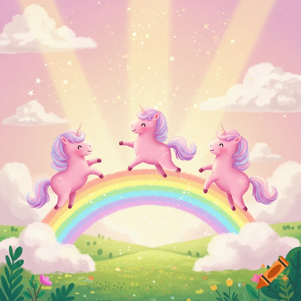 Three pink unicorns with rainbow manes dance across a colorful rainbow above a green, flowery field under a sparkling, pink sky.