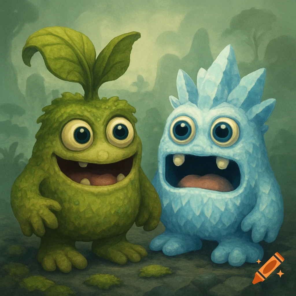 Two happy cartoon monsters, one green with leaves and one blue with ice spikes, stand in a lush green landscape.