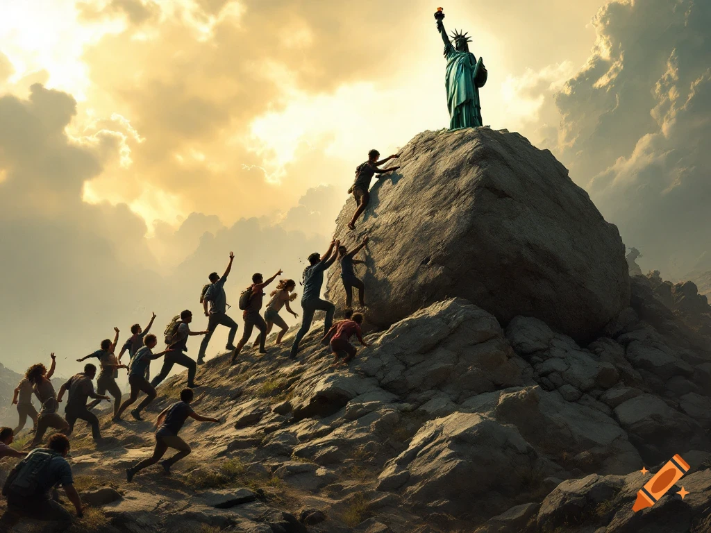 A line of diverse individuals ascends a rocky mountain, with the Statue of Liberty standing atop the peak under a dramatic sky.