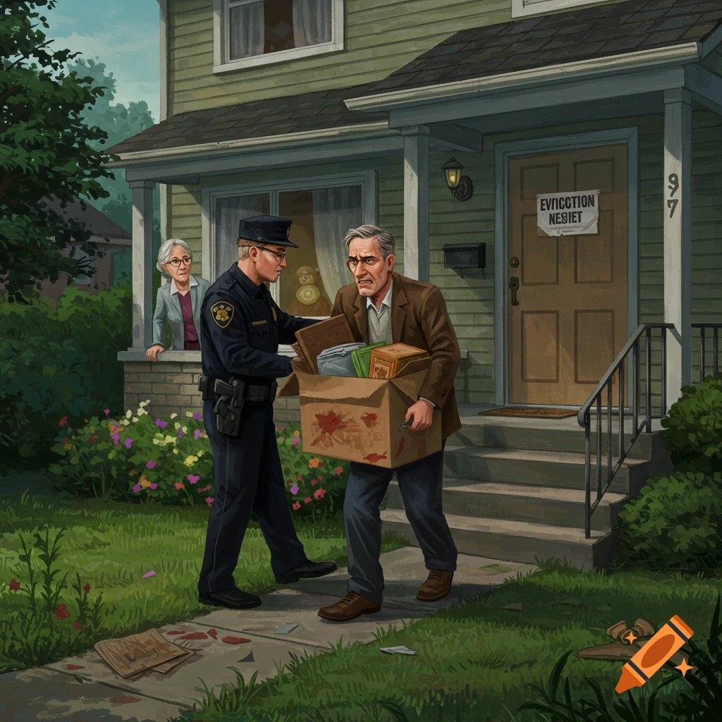 An illustration of a police officer overseeing an older man carrying a box of belongings out of a house, as an older woman watches from a window.