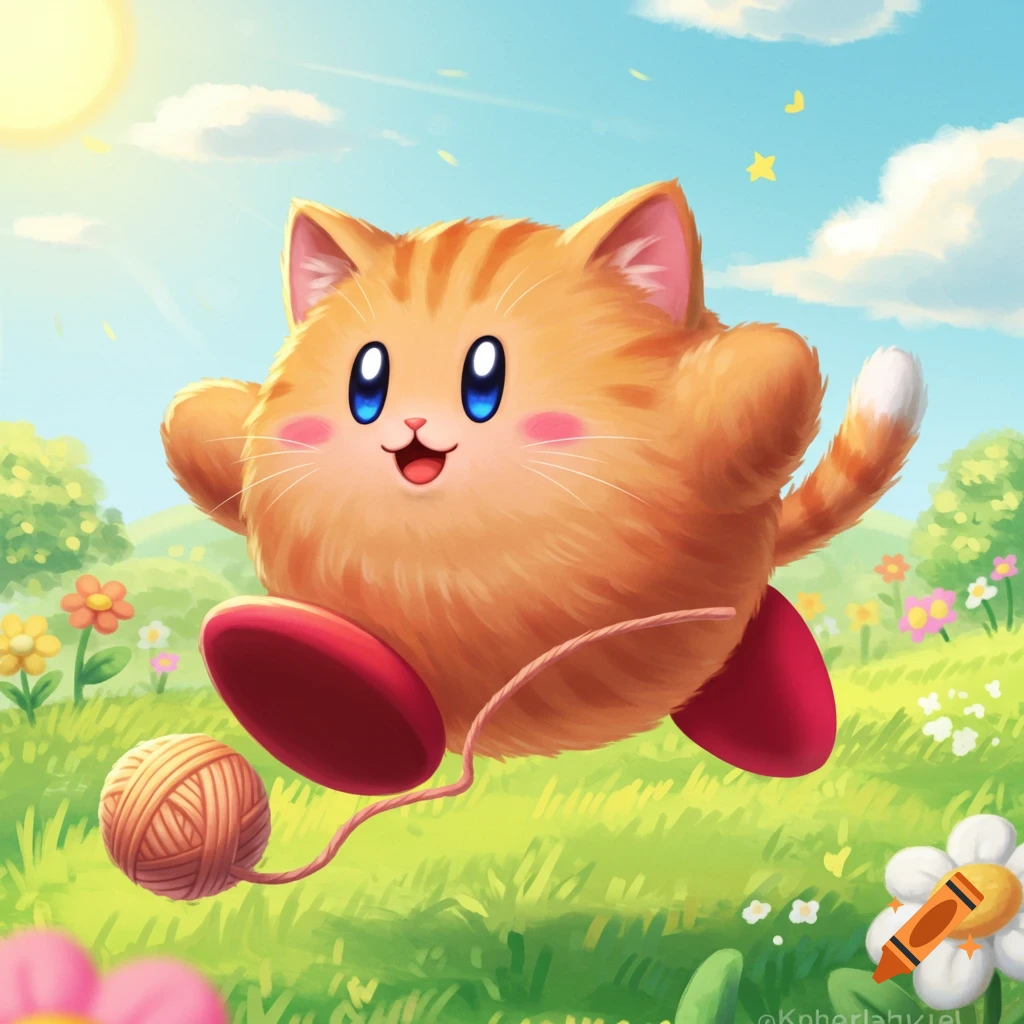 A fluffy, orange, cat-like Kirby character joyfully jumps over a ball of yarn in a bright, sunny field with flowers.
