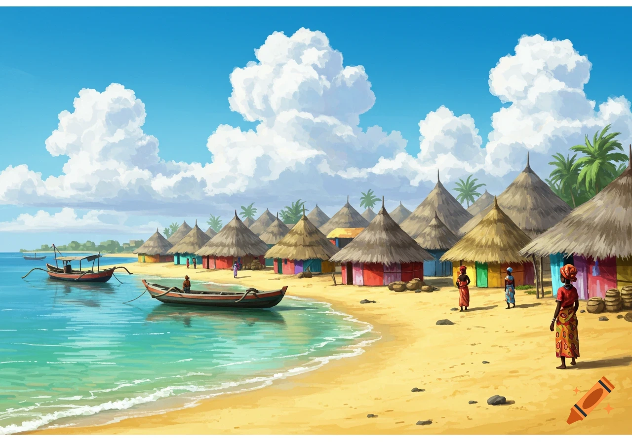 Colorful illustration of an African village on a sunny beach, featuring thatched-roof huts, boats in turquoise water, and people.