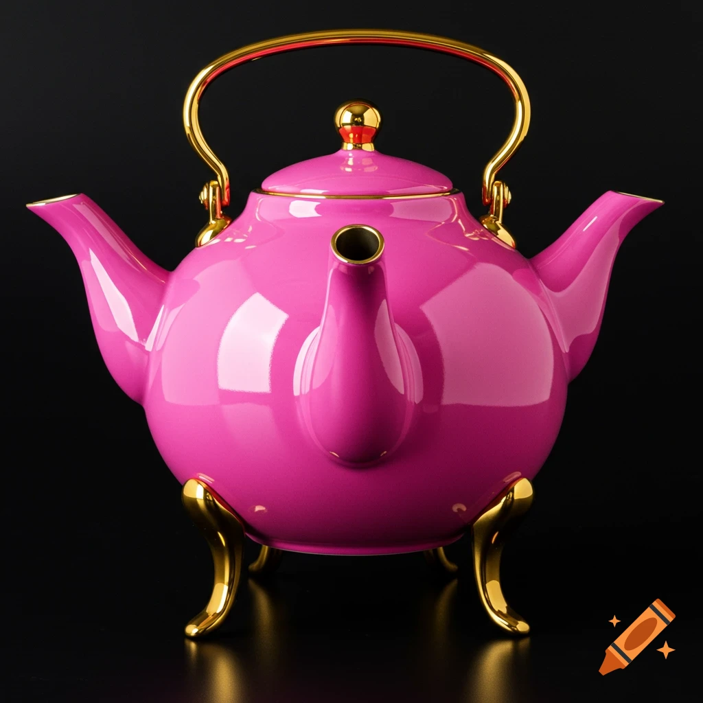 A hot pink teapot with three spouts and four golden legs and a golden handle, set against a dark background.