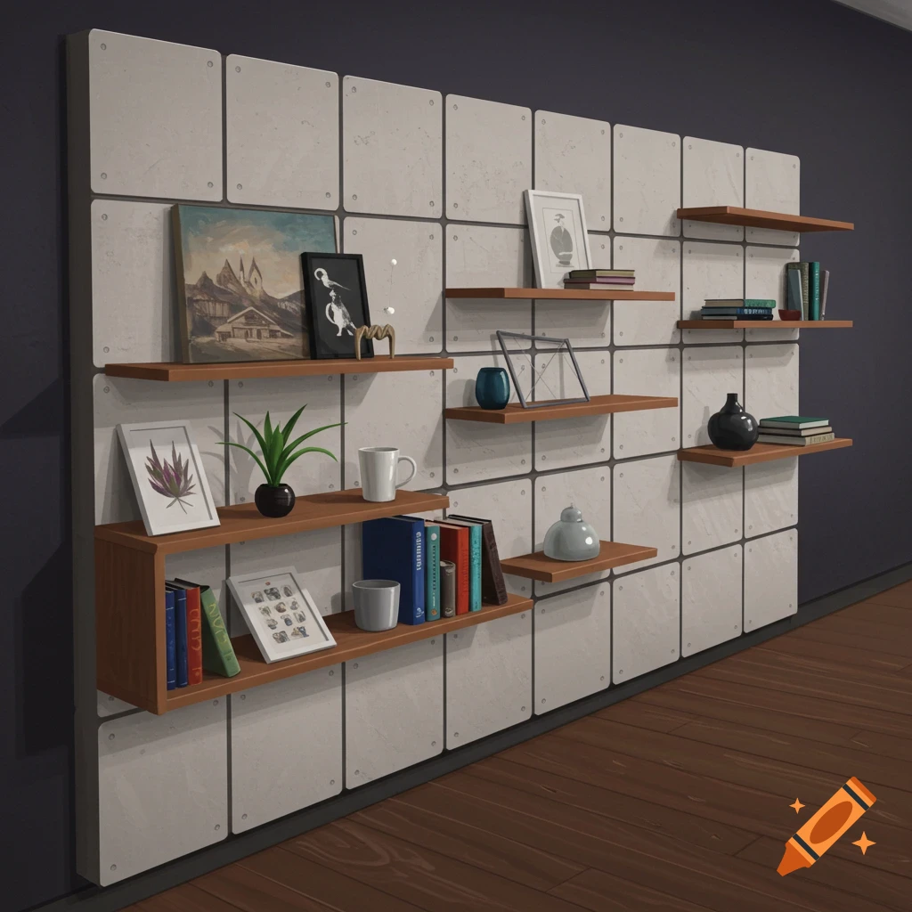 Modular wooden shelves with books and decorative items mounted on square white wall panels.