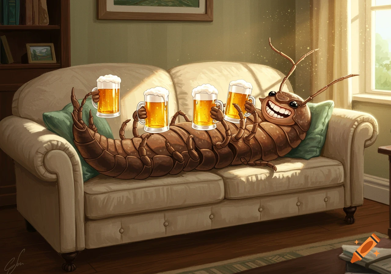 A smiling, cartoon woodlouse lies on a sofa, holding a pint of beer in each of its many legs.