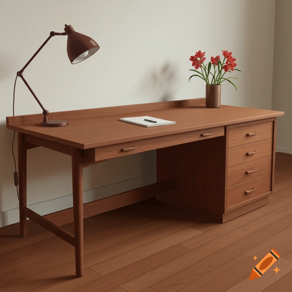 A wooden desk with a lamp, a notepad, a pen, and a vase of red flowers on a wooden floor.