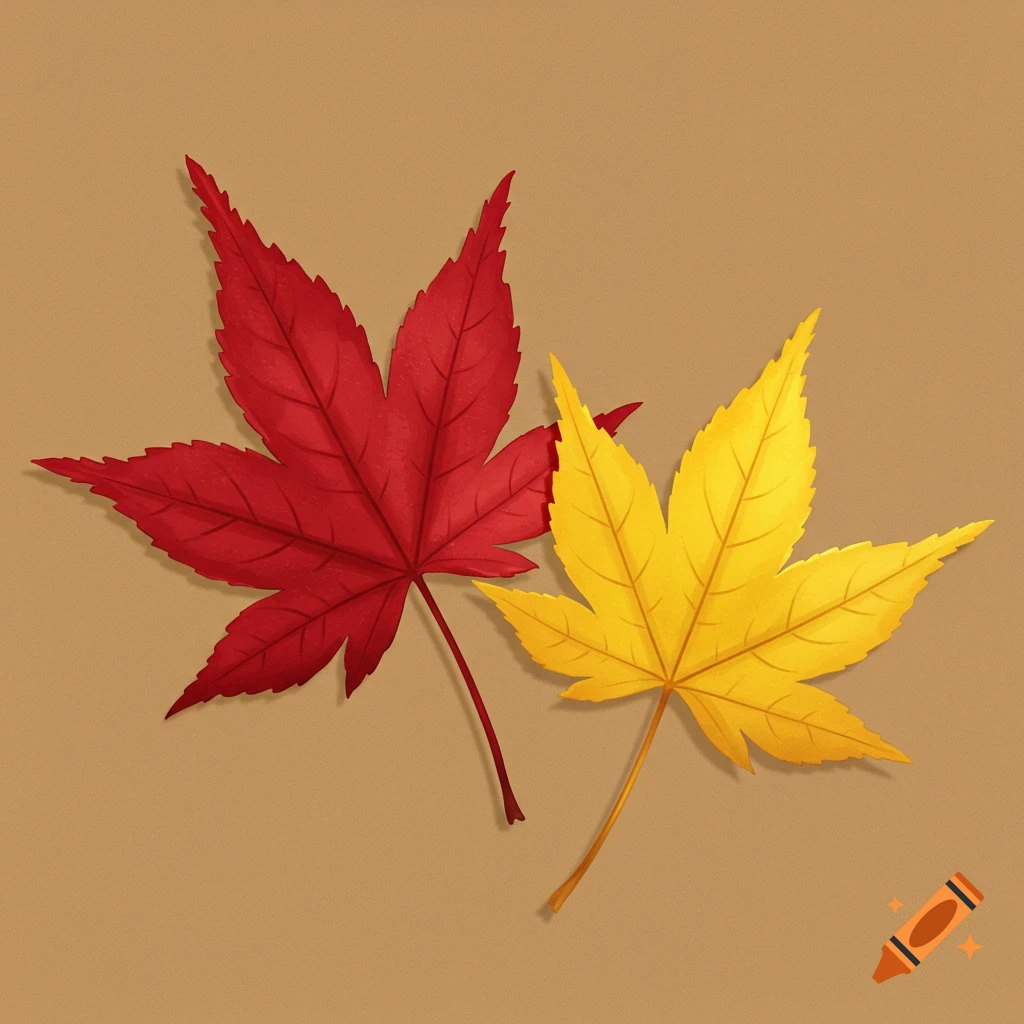 A red maple leaf and a yellow maple leaf on a solid tan background.