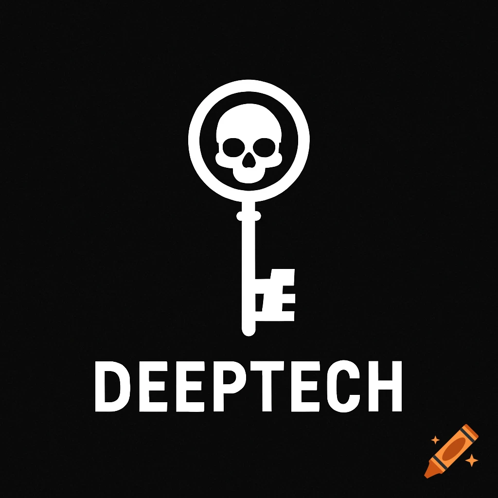 A minimalist black and white logo featuring a skeleton key with a skull integrated into its circular head, positioned above the word "DEEPTECH" in a bold, sans-serif font.