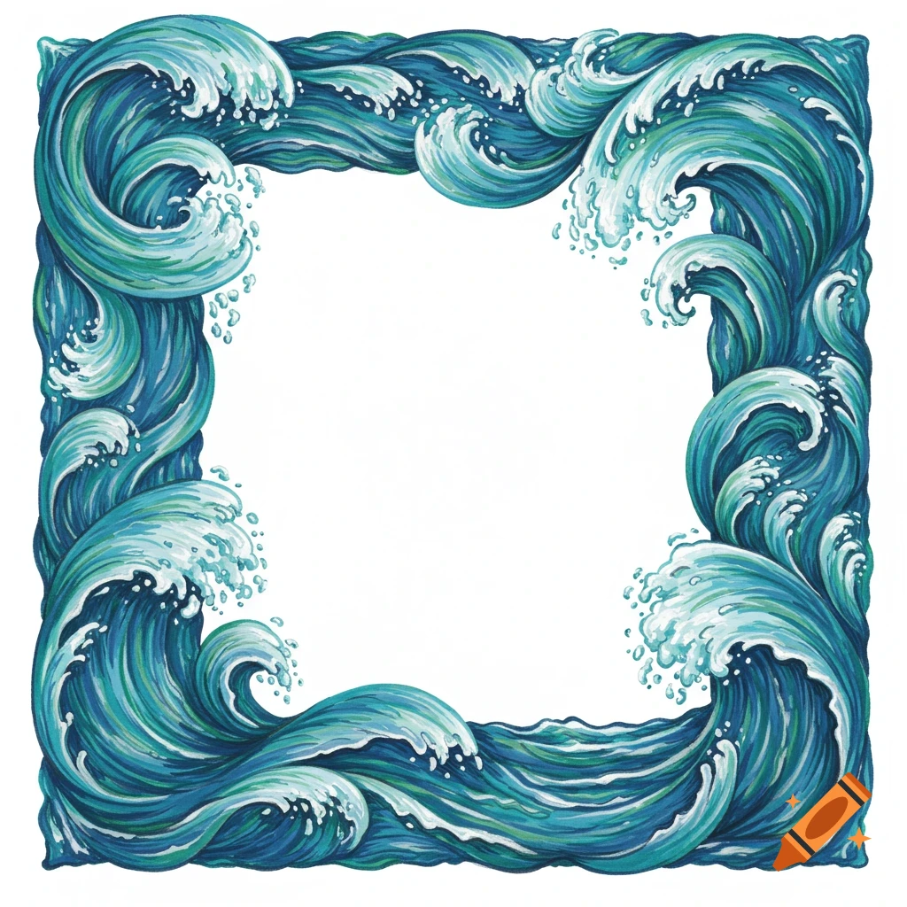 An intricate square border illustration of crashing blue and green ocean waves with white foam, surrounding a blank white space.