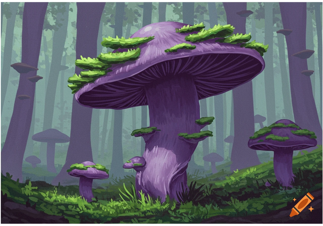 A stylized illustration of a misty fantasy forest filled with tall purple mushrooms and green moss.