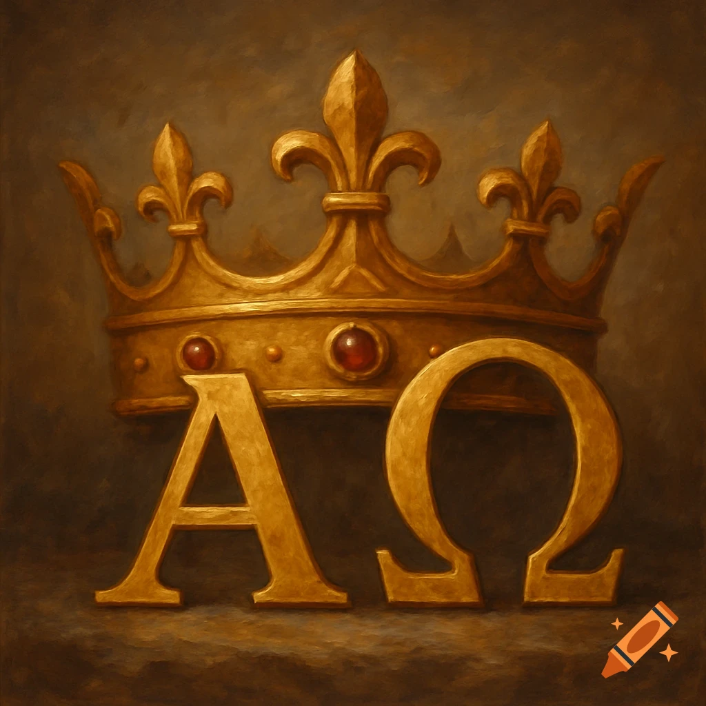 A golden crown with the Alpha and Omega Greek letters, set against a dark, painterly background.