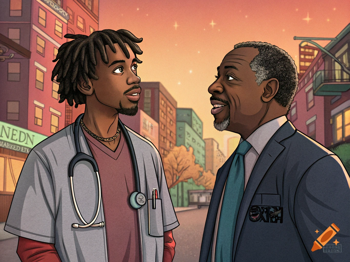 A doctor in a light grey coat and a man in a dark suit talk on a city street at sunset, in a graphic novel art style.