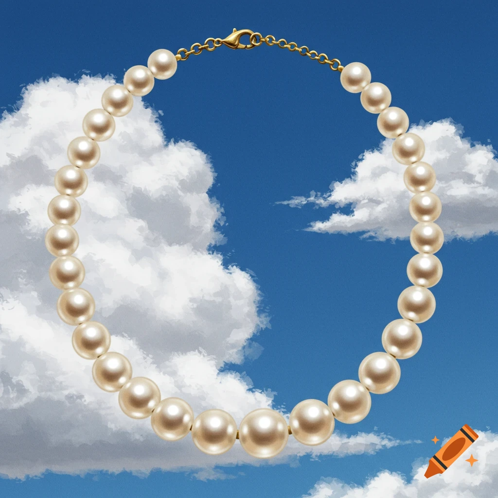 A pearl necklace with a gold clasp floats against a bright blue sky with white clouds.