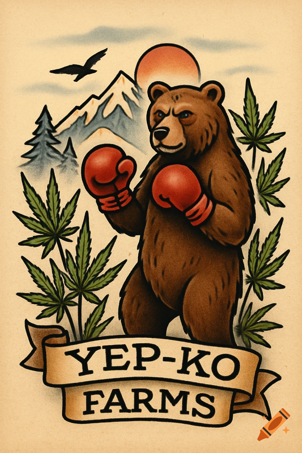 A traditional tattoo flash style illustration of a bear wearing boxing gloves, surrounded by cannabis leaves, with mountains and a sun in the background. A banner reads "YEP-KO FARMS".