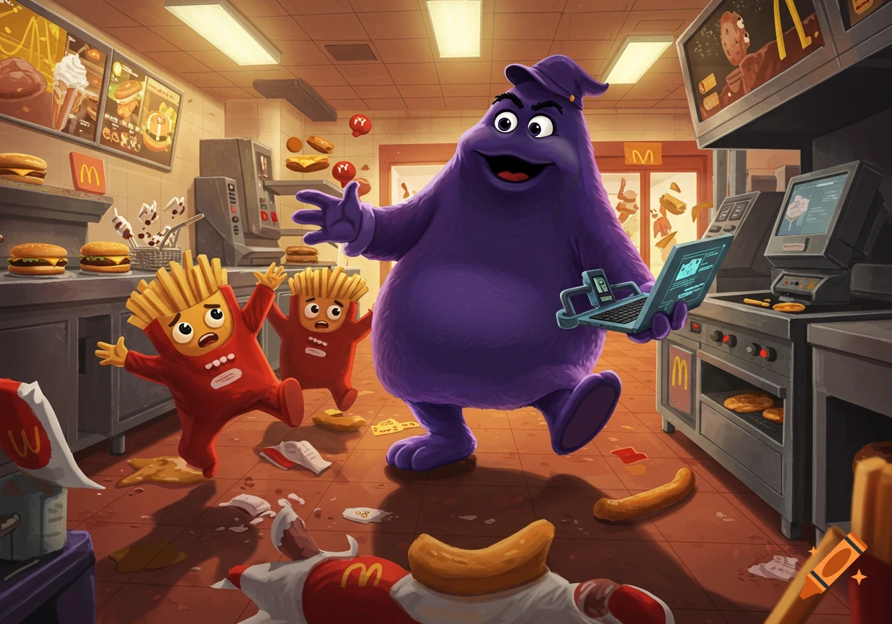 Grimace, a large purple character, holds a laptop in a McDonald's kitchen, chasing two frightened Fry Guys while food items fly around and another Fry Guy lies on the floor.
