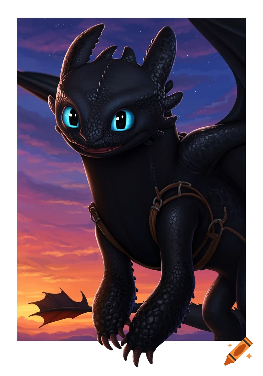 A close-up illustration of Toothless, the black dragon with bright blue eyes, smiling against a vibrant sunset sky.