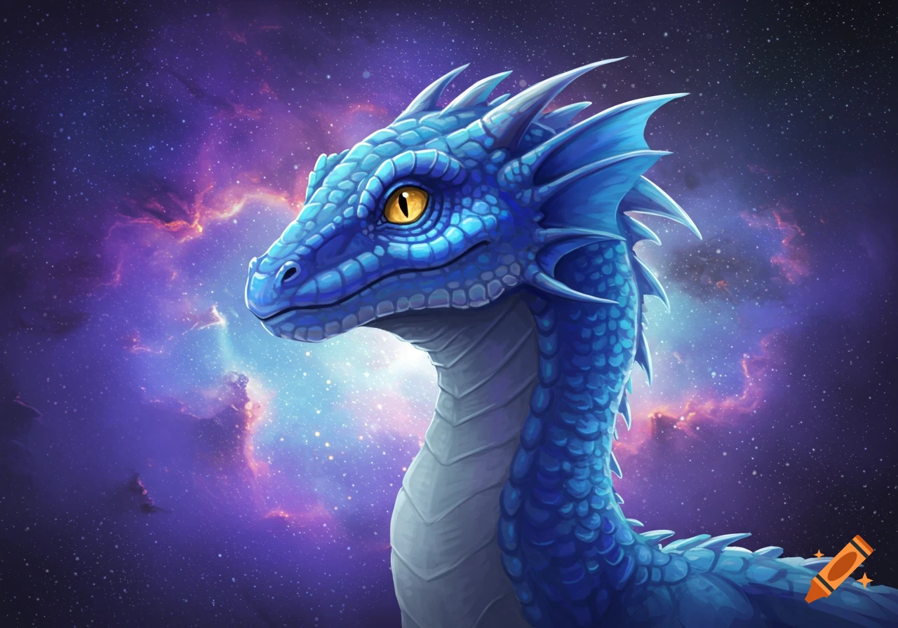 A blue dragon with yellow eyes against a vibrant purple and blue starry galaxy background.