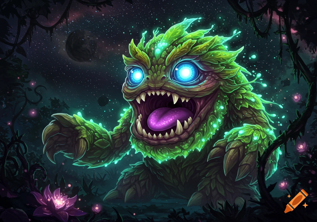 A vibrant green, leaf-covered monster with glowing blue eyes and a purple tongue screams in a dark, star-filled forest with glowing plants.