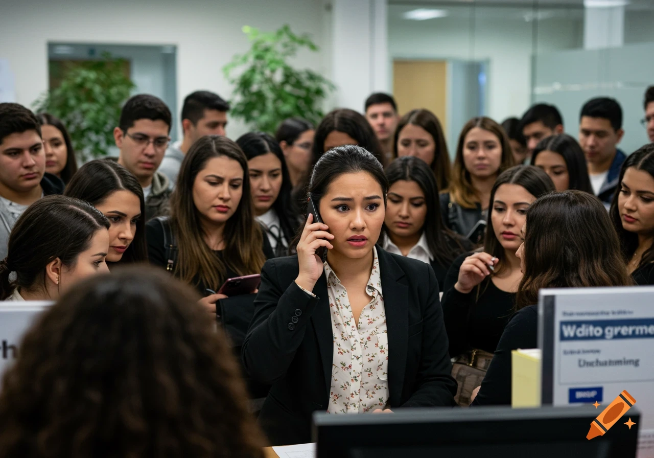 A busy office scene with a receptionist on the phone and a crowd of customers waiting.