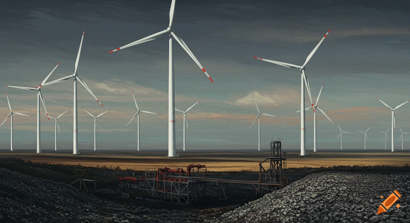 A landscape features a wind farm with many turbines under a cloudy sky, with industrial machinery and rock piles in the foreground.
