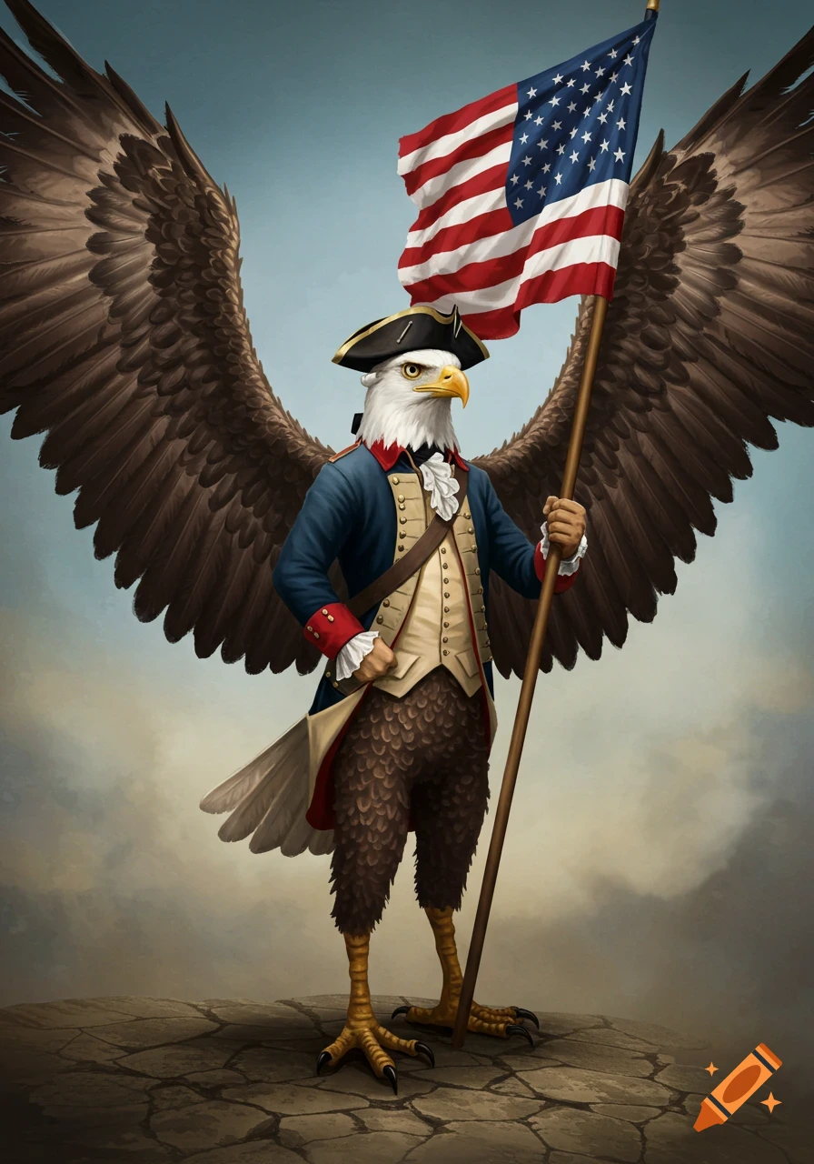 An anthropomorphic bald eagle in a colonial uniform and tricorn hat stands holding an American flag.