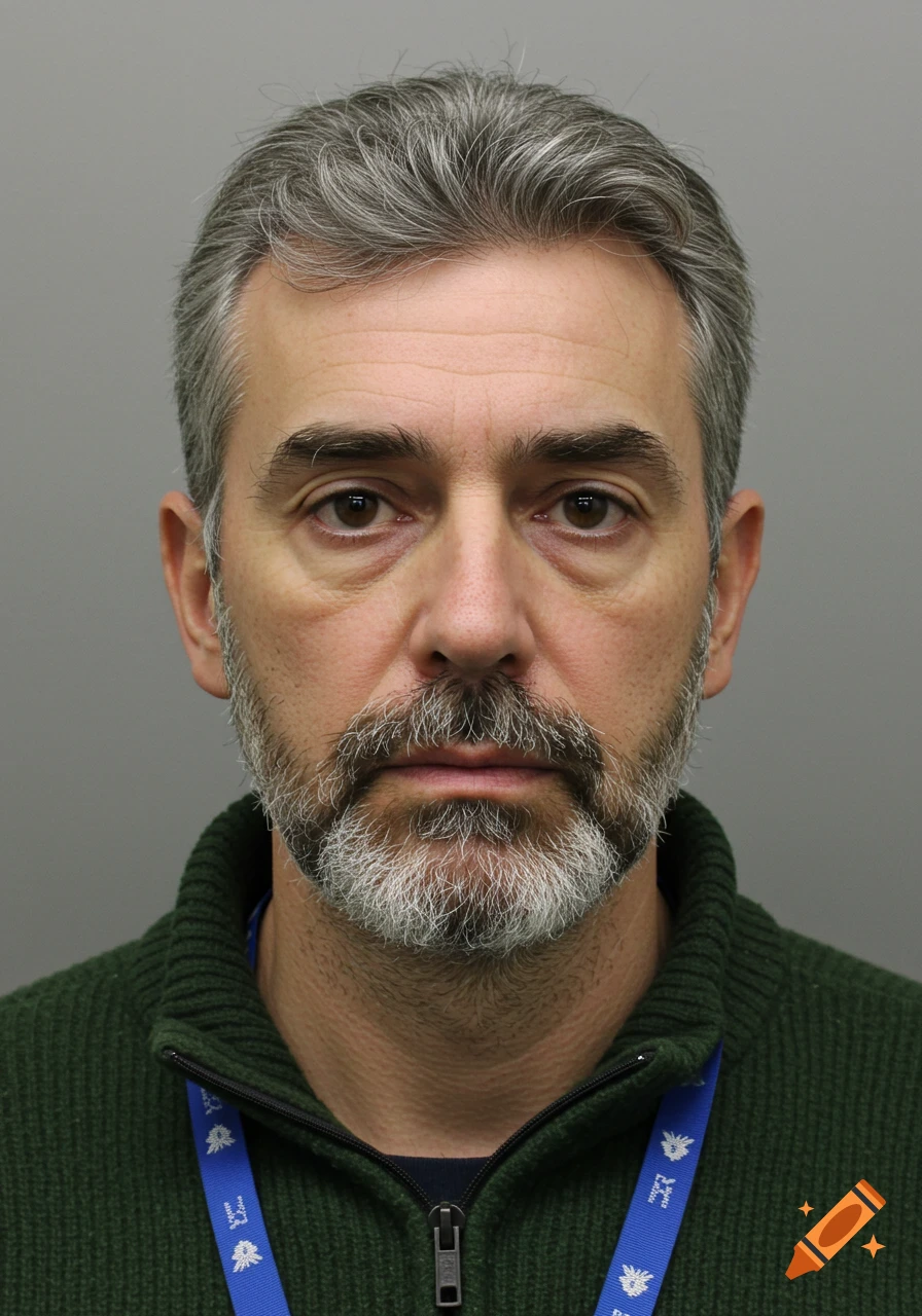 A photorealistic identikit-style portrait of a man with gray hair and beard, wearing a green zip-up jumper and blue lanyard.