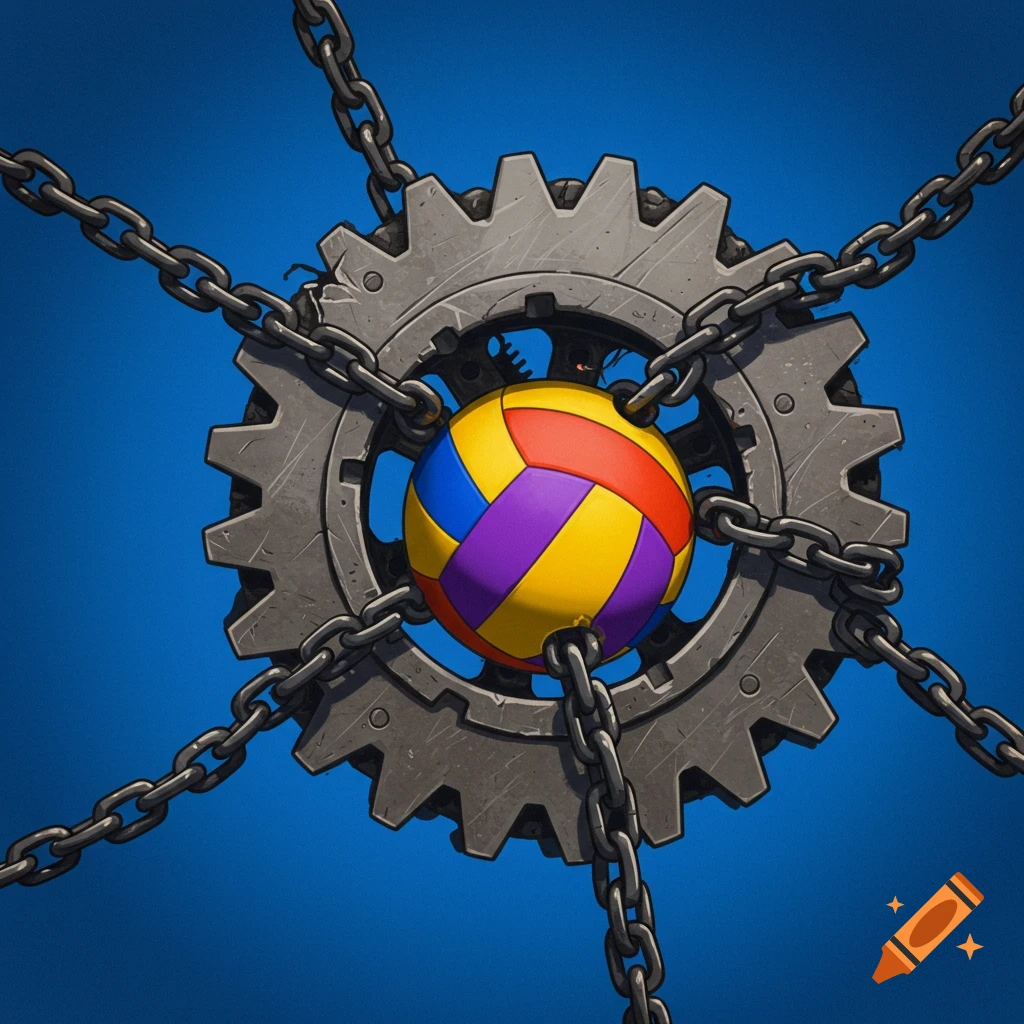 A colorful volleyball is trapped inside a large gray gear, wrapped tightly by heavy metal chains against a blue background.