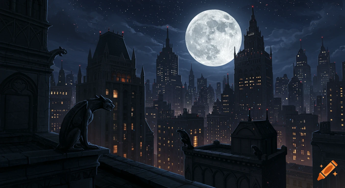 Dark Gotham-like cityscape at night with detailed gothic architecture, gargoyles on rooftops, and a large full moon.