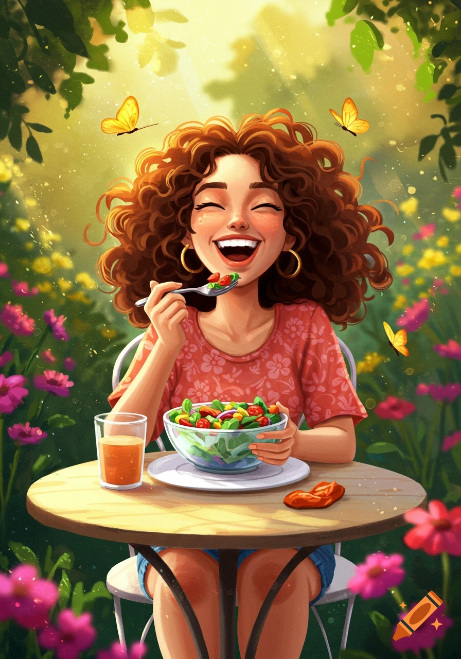 A cheerful illustrated woman with curly brown hair laughs as she eats a salad in a sunny garden with flowers and butterflies.
