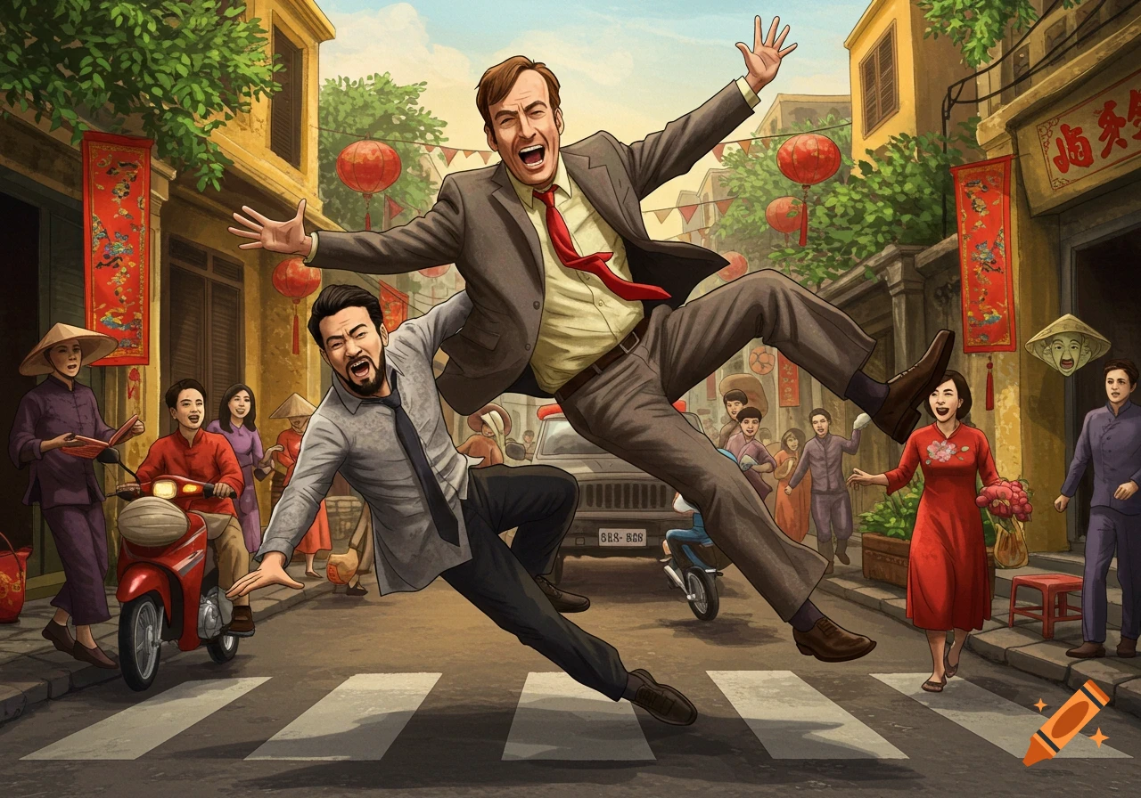 An illustration of Saul Goodman and another man comically falling on a street in Vietnam, surrounded by people, lanterns, and buildings.