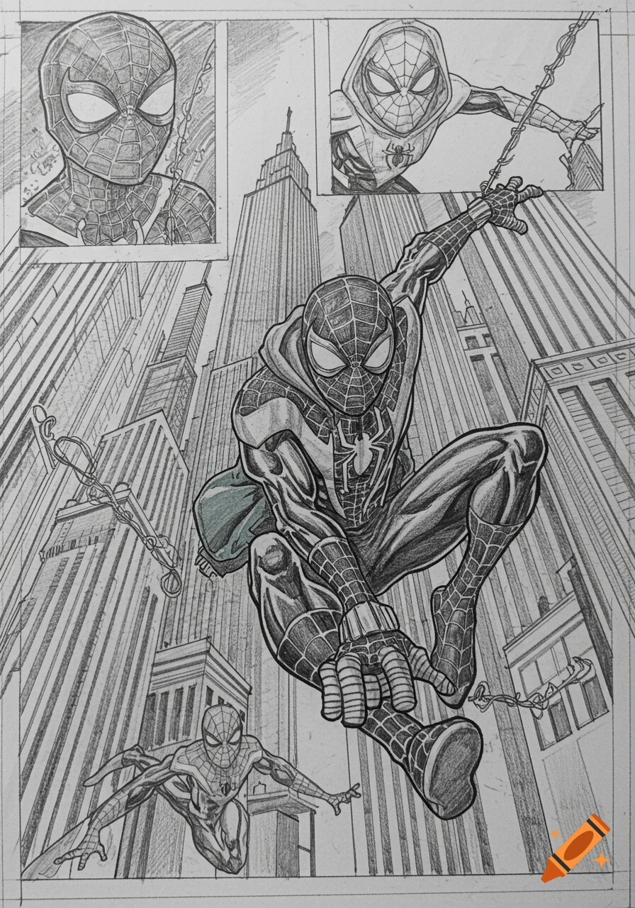 Detailed pencil drawing of Miles Morales (Spider-Man) swinging between tall city buildings, with two small panels above showing close-ups of other Spider-Man characters.