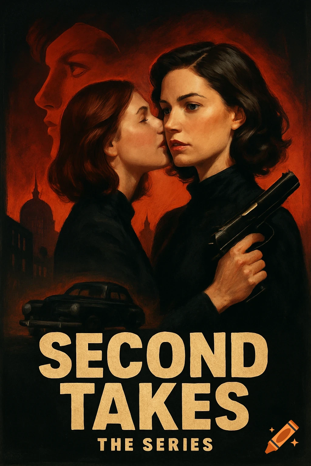A dramatic, painterly movie poster for 'Second Takes - The Series' showing two women; one whispers to the other, who holds a pistol. A classic car and city skyline are in the dark red background.
